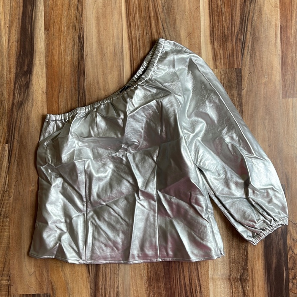 INC International Concept Metallic Silver Faux Leather Top